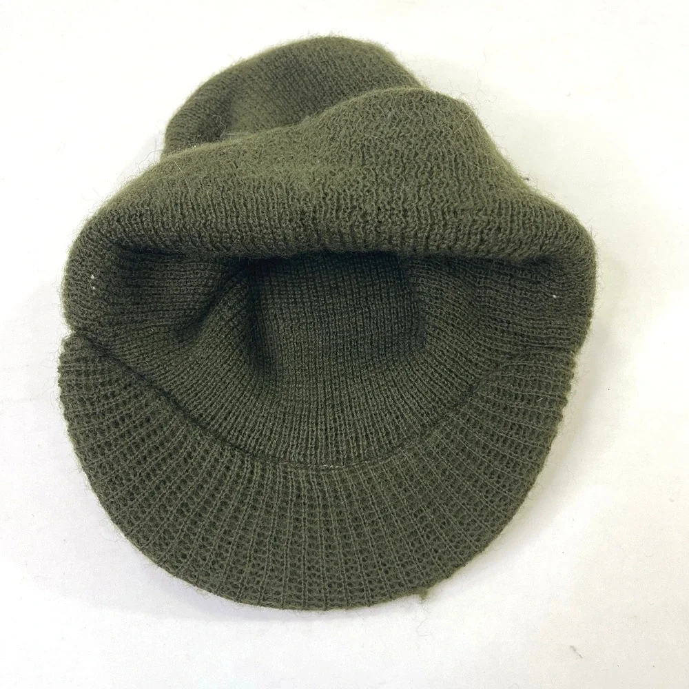 US Army Wool Watch Cap Green‎ Knit Visor Hat Beanie Vintage 80s Made in USA